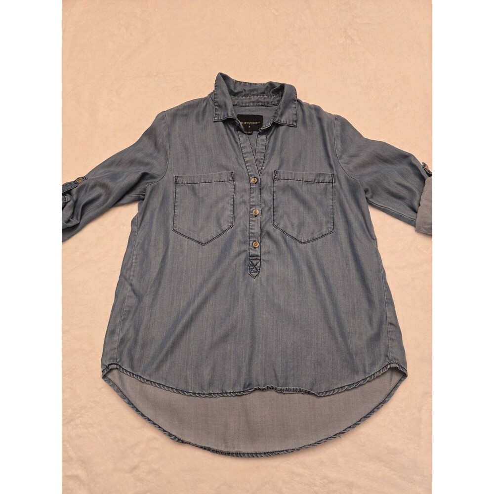 Velvet Heart Womens Size S 3/4 Sleeve Soft Blue Denim Shirt Top Pullover Blouse